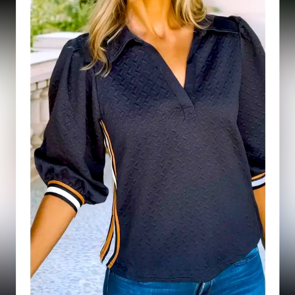 Elegant Black Blouse with Striped Accents